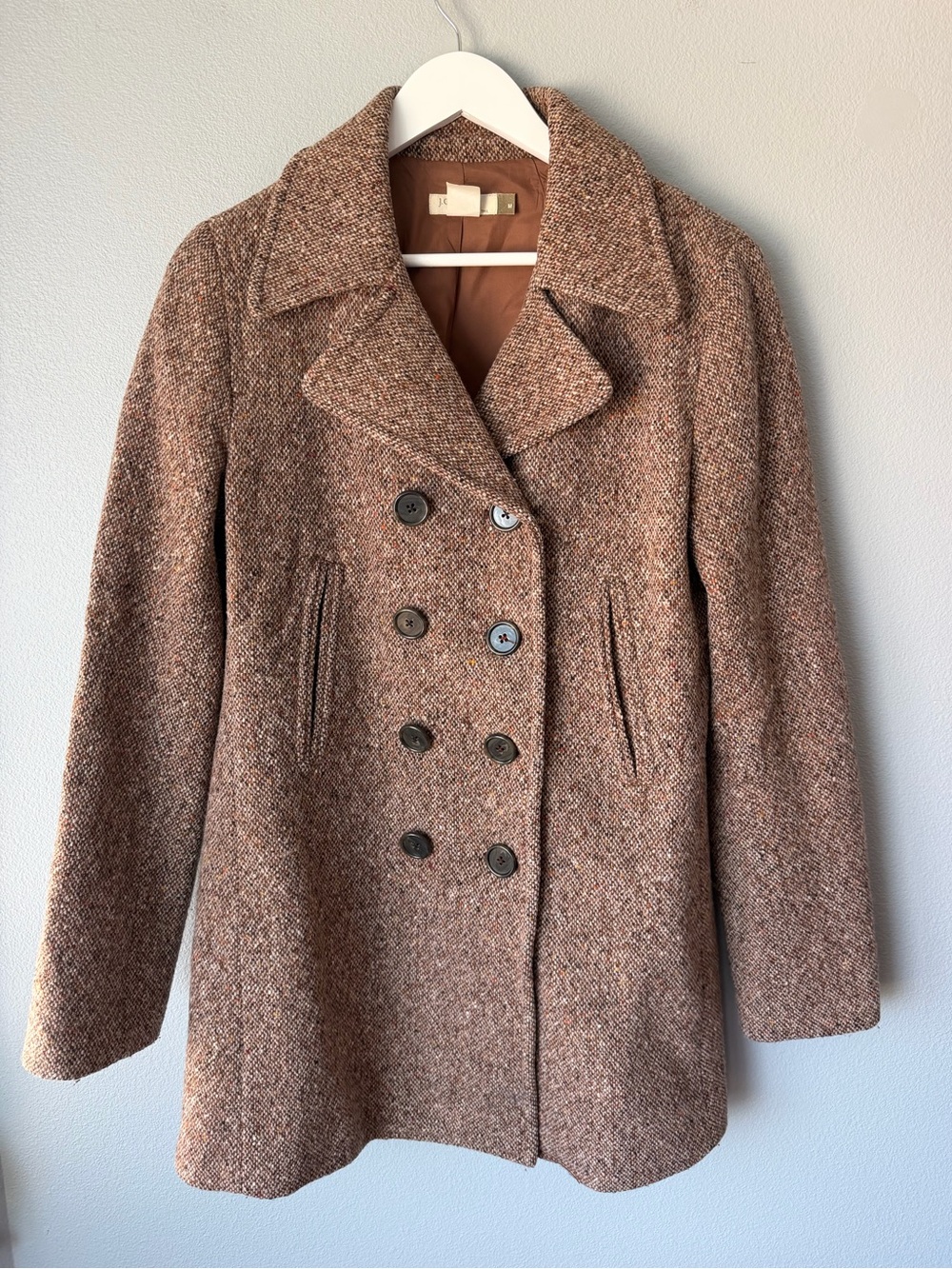 J Crew brown wool blend tweed long pea coat Women’s sz M Tall